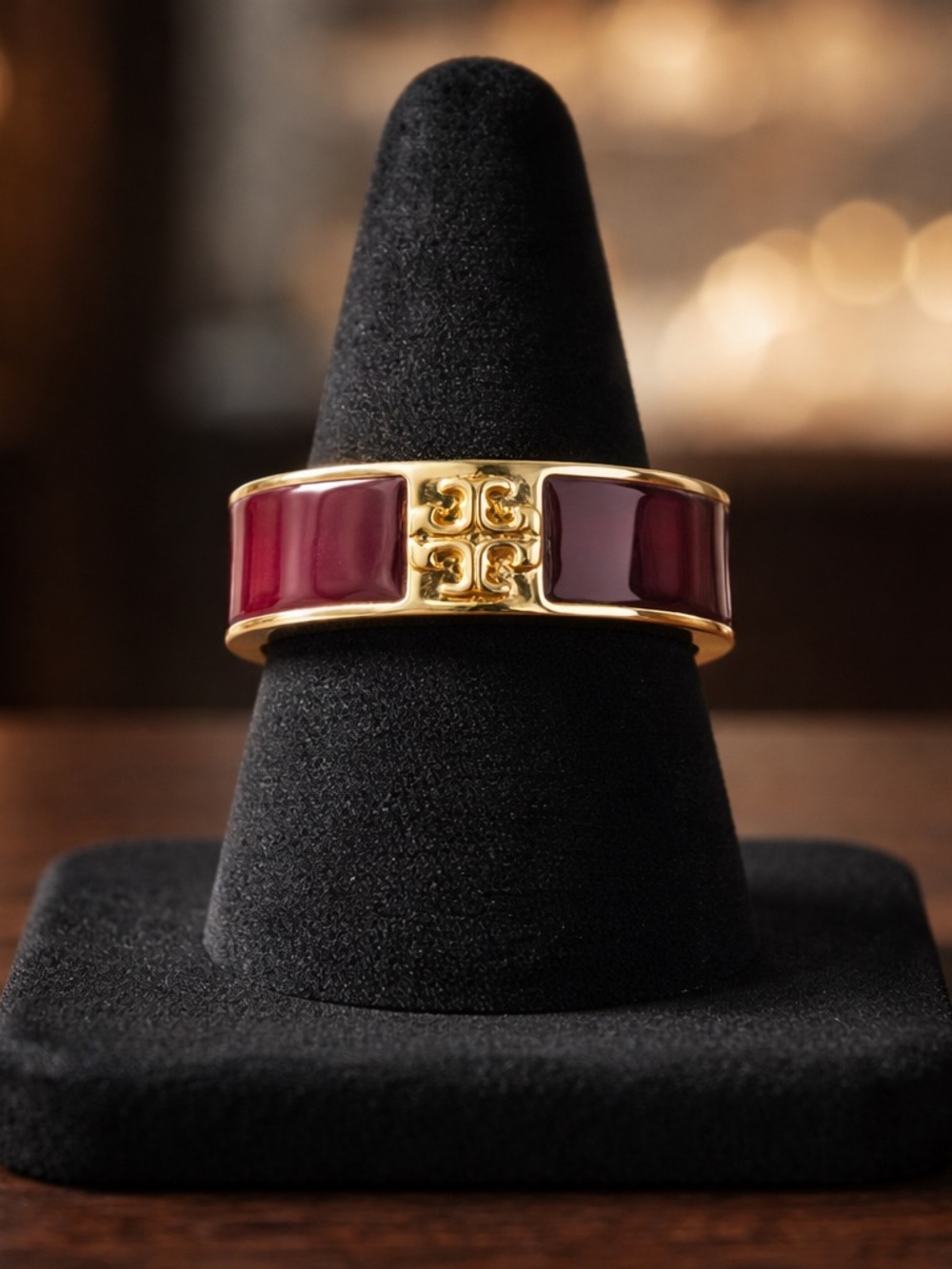 Tory Burch Gold-Tone Ring with Burgundy Enamel Panels